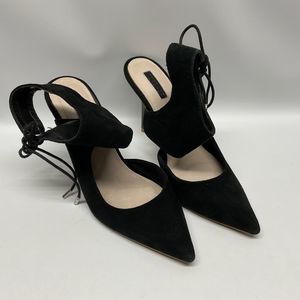 TOPSHOP Lace Up Gallery Asymmetric Court Shoes Black Suede Patent 4” Heel Sz 10